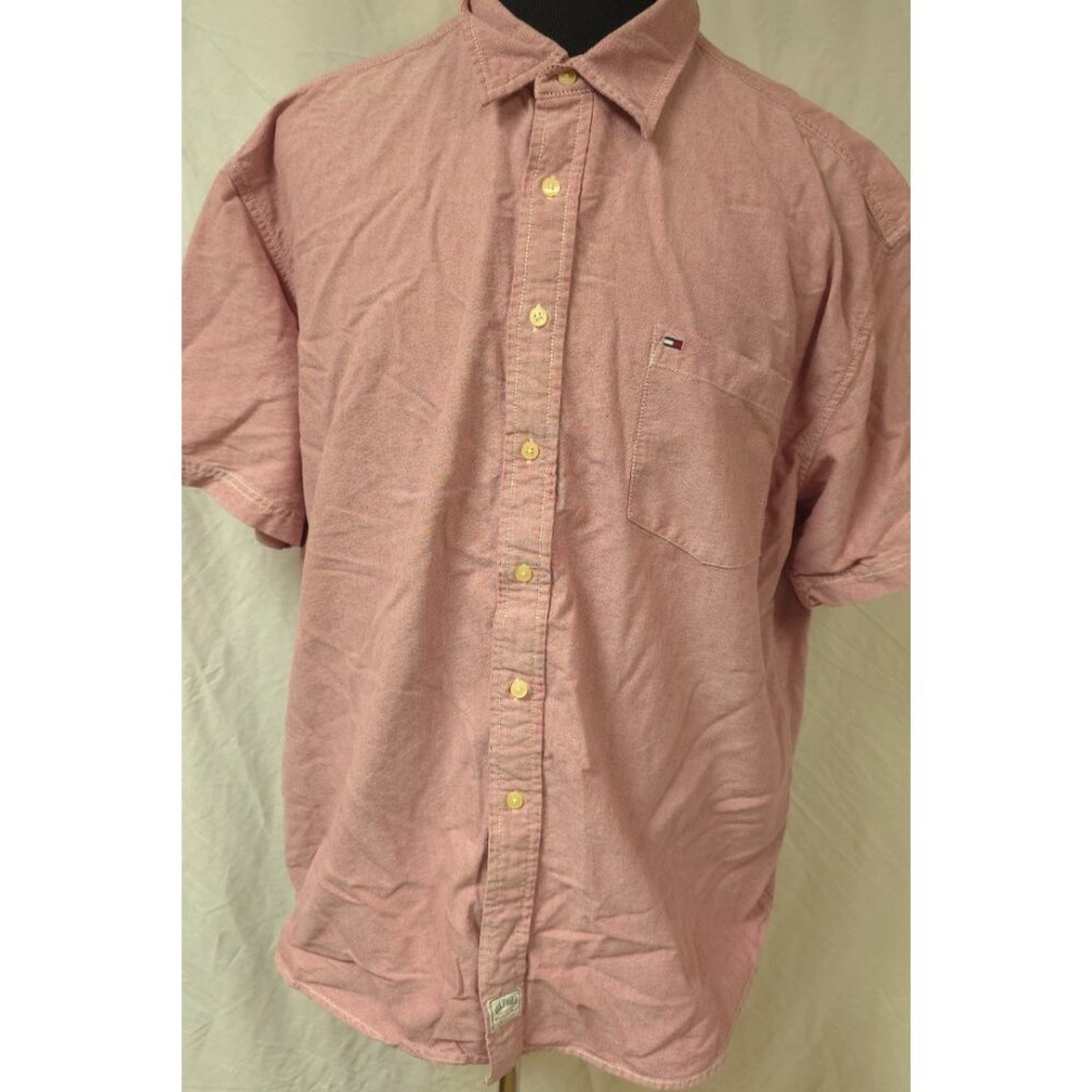 Tommy Hilfiger Denim Mens XXL Red Sun Washed Button Up Short Sleeve Denim Shirt